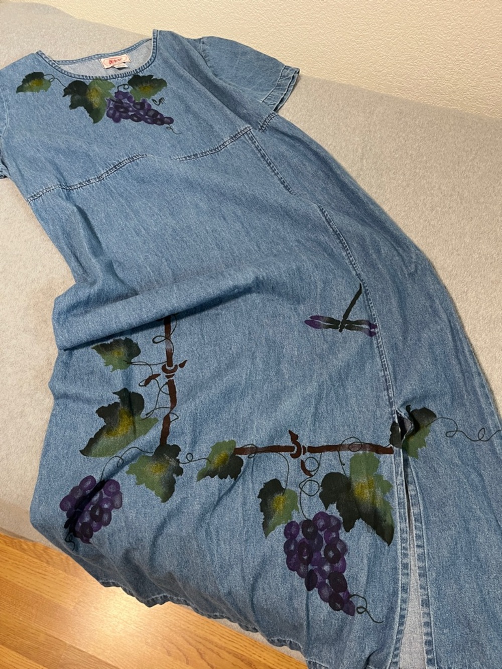 Vintage Denim Chambray Maxi Dress XL Modest Novelty Grapes Festival